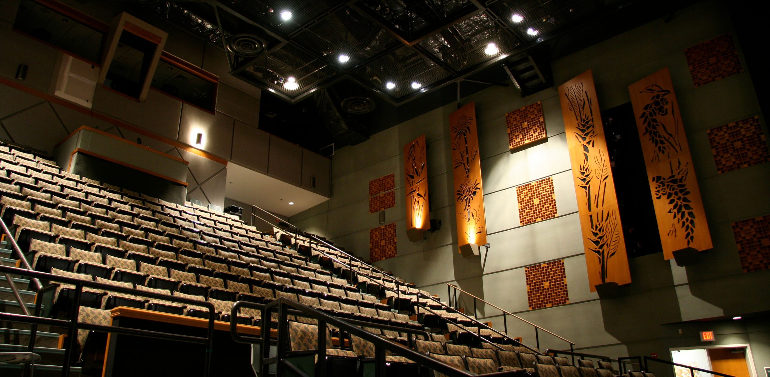 view from Palikū theatre stage looking up at the seats and decor